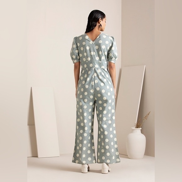 Indya Ikat Grey Cream House of India Earthen Bell Bottom Jumpsuit Size S NWOT - Picture 3 of 16